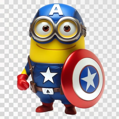 A Minion dressed as Captain America, sporting a blue superhero suit with a white star emblem on the chest, red gloves, and boots. The Minion holds Captain America's iconic shield with a red, white, and blue design, while wearing a helmet marked with an "A." Its signature goggles and mischievous smile add a playful touch to the heroic pose.