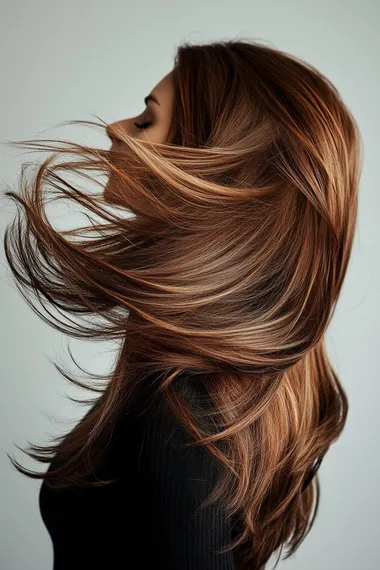 a studio photo white background, woman from back long brown hair salon, hair in movement, volumous, highlight, empty space on the sides and top