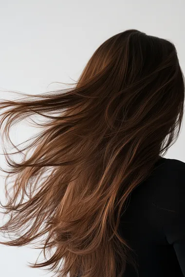 a studio photo white background, woman from back long brown hair salon, hair in movement, volumous, highlight, empty space on the sides and top