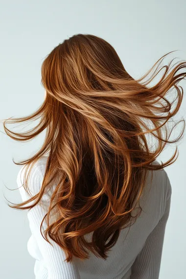 a studio photo white background, woman from back long brown hair salon, hair in movement, volumous, highlight, empty space on the sides and top