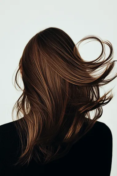 a studio photo white background, woman from back long brown hair salon, hair in movement, volumous, highlight, empty space on the sides and top
