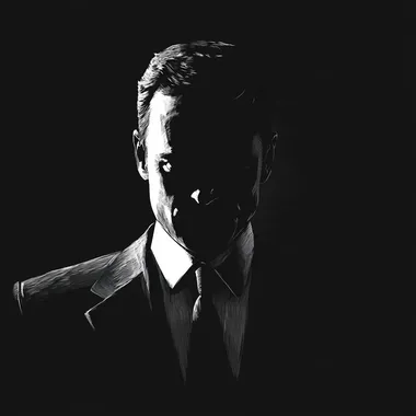 1960's middle aged man in a black suit in the style of Man Men TV show, black, white. Face is obscure by shadow. Illustration style