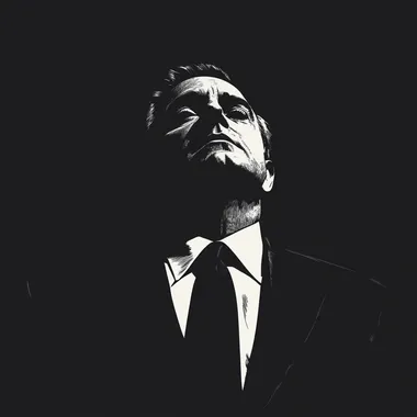 1960's middle aged man in a black suit in the style of Man Men TV show, black, white. Face is obscure by shadow. Illustration style