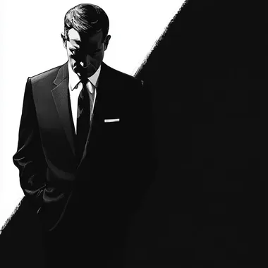 1960's middle aged man in a black suit in the style of Man Men TV show, black, white. Face is obscure by shadow. Illustration style