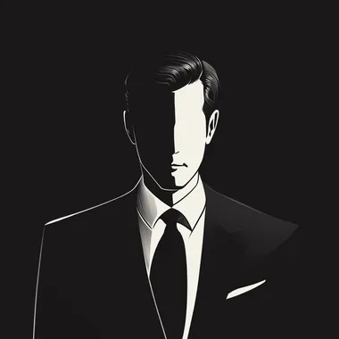 1960's middle aged man in a black suit in the style of Man Men TV show, black, white. Face is obscure by shadow. Illustration style