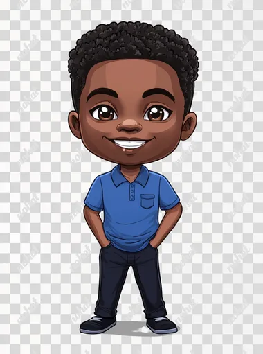 Generate a cartoon of Lumumba, a handsome 8-year-old boy from the Democratic Republic of Congo, with smooth dark skin, neatly styled short curly hair, and striking, bright eyes. He is wearing a stylish vibrant blue outfit. and black shoes, exuding confidence and joy. His smile is warm and captivating, giving him an energetic, charming appearance.