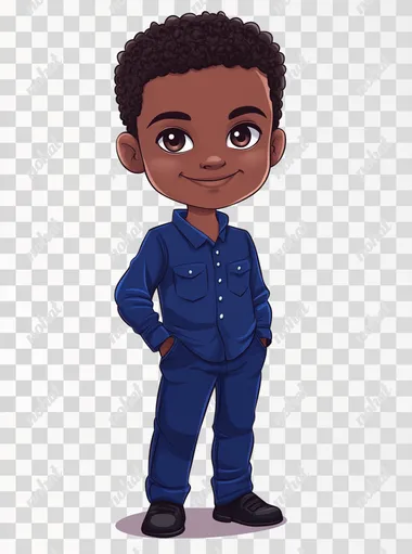 Generate a cartoon of Lumumba, a handsome 8-year-old boy from the Democratic Republic of Congo, with smooth dark skin, neatly styled short curly hair, and striking, bright eyes. He is wearing a stylish vibrant blue outfit. and black shoes, exuding confidence and joy. His smile is warm and captivating, giving him an energetic, charming appearance.