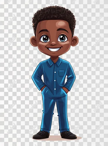 Generate a cartoon of Lumumba, a handsome 8-year-old boy from the Democratic Republic of Congo, with smooth dark skin, neatly styled short curly hair, and striking, bright eyes. He is wearing a stylish vibrant blue outfit. and black shoes, exuding confidence and joy. His smile is warm and captivating, giving him an energetic, charming appearance.
