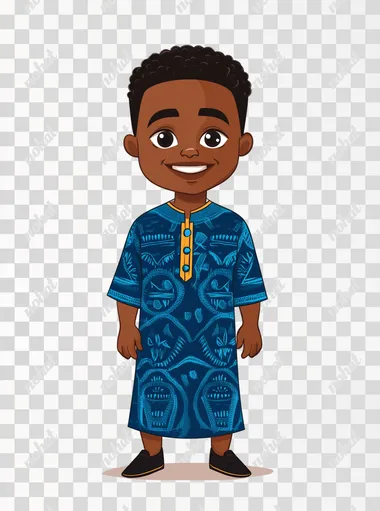 Generate a cartoon of Lumumba, a handsome 8-year-old boy from the Democratic Republic of Congo, with smooth dark skin, neatly styled short curly hair, and striking, bright eyes. He is wearing a stylish vibrant blue outfit. and black shoes, exuding confidence and joy. His smile is warm and captivating, giving him an energetic, charming appearance.