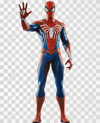 a realistic rendering for a video game, full body view of Spiderman standing waving his right arm towards the camera, isolated on a plain white background