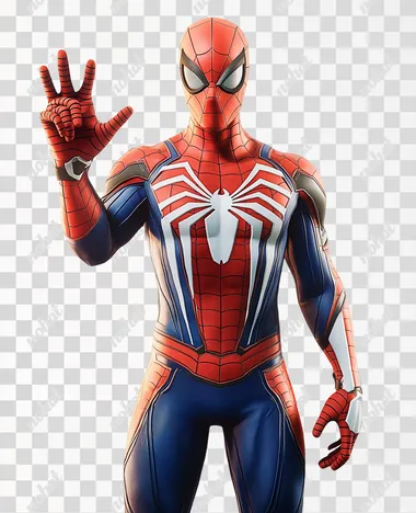 a realistic rendering for a video game, full body view of Spiderman standing waving his right arm towards the camera, isolated on a plain white background