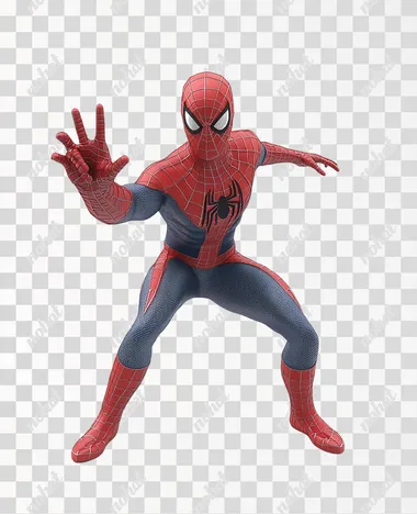 a realistic rendering for a video game, full body view of Spiderman standing waving his right arm towards the camera, isolated on a plain white background