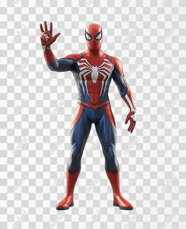 a realistic rendering for a video game, full body view of Spiderman standing waving his right arm towards the camera, isolated on a plain white background