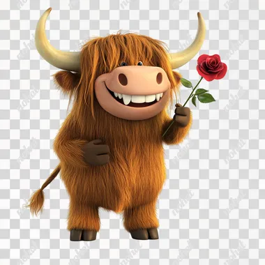 a cheerfull, inspred 3d cartoon character of a highland cow holding a red rose in it's teeth for valentines day, isolated on white --s 50