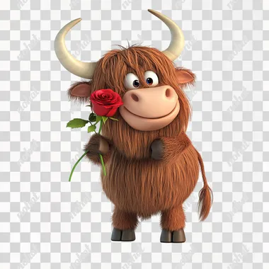 a cheerfull, inspred 3d cartoon character of a highland cow holding a red rose in it's teeth for valentines day, isolated on white --s 50