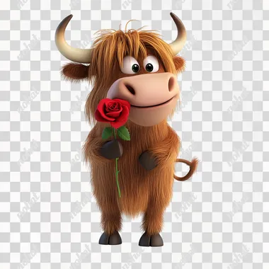 a cheerfull, inspred 3d cartoon character of a highland cow holding a red rose in it's teeth for valentines day, isolated on white --s 50