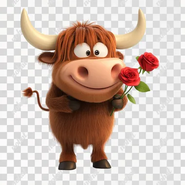 a cheerfull, inspred 3d cartoon character of a highland cow holding a red rose in it's teeth for valentines day, isolated on white --s 50