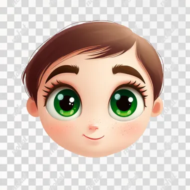 an emoji of a cute face, attractive, inviting, big green eyes, colorful