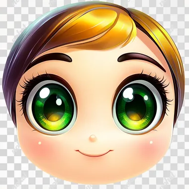 an emoji of a cute face, attractive, inviting, big green eyes, colorful