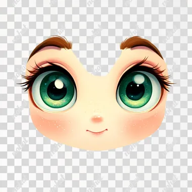 an emoji of a cute face, attractive, inviting, big green eyes, colorful