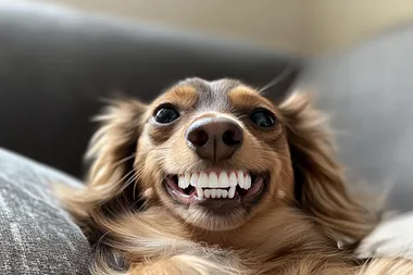 Photo of a happy, smiling brown dachshund with white teeth, shot on an iPhone 4s, posted to Reddit in 2019, with no text or signature.