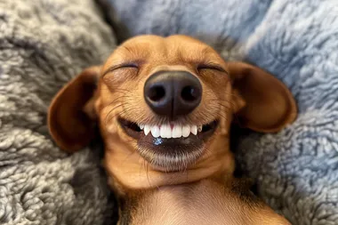 Photo of a happy, smiling brown dachshund with white teeth, shot on an iPhone 4s, posted to Reddit in 2019, with no text or signature.