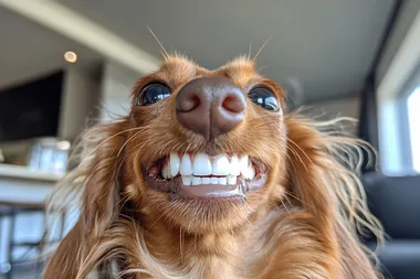 Photo of a happy, smiling brown dachshund with white teeth, shot on an iPhone 4s, posted to Reddit in 2019, with no text or signature.