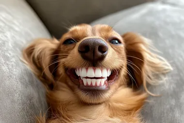 Photo of a happy, smiling brown dachshund with white teeth, shot on an iPhone 4s, posted to Reddit in 2019, with no text or signature.