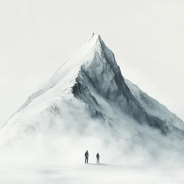 A minimalist and enigmatic illustration with hyper-realistic details of an immense mountain in the middle of a snowy landscape, seen from a great distance by two small figures that add depth to its symbolism. The background is a pure light gray. In the style of Hyper-Realism. --s 250