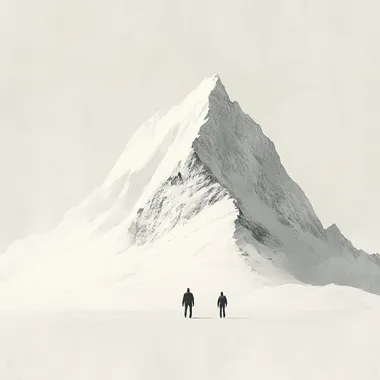 A minimalist and enigmatic illustration with hyper-realistic details of an immense mountain in the middle of a snowy landscape, seen from a great distance by two small figures that add depth to its symbolism. The background is a pure light gray. In the style of Hyper-Realism. --s 250