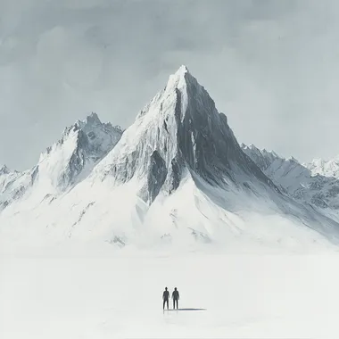 A minimalist and enigmatic illustration with hyper-realistic details of an immense mountain in the middle of a snowy landscape, seen from a great distance by two small figures that add depth to its symbolism. The background is a pure light gray. In the style of Hyper-Realism. --s 250