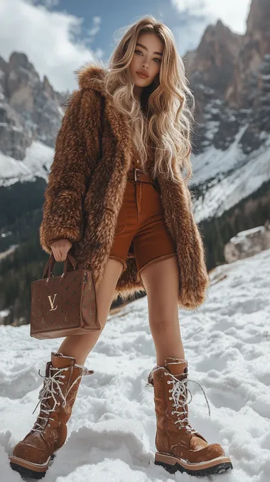 Beautiful girl of 30 years on the background of dolomite mountains in a luxurious fur coat stands in full height with a bag Louis vuitton on her feet boots and snow behind her  --s 750
