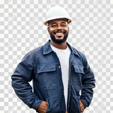 black brazilian man standing in front full body wearing white helmet and blue construction jacket and smiling, white background