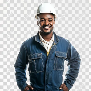 black brazilian man standing in front full body wearing white helmet and blue construction jacket and smiling, white background