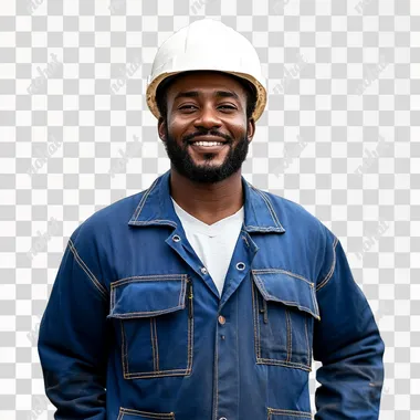 black brazilian man standing in front full body wearing white helmet and blue construction jacket and smiling, white background