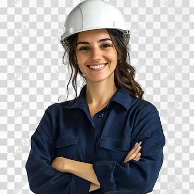 photo of a construction woman with a navy blue shirt and white helmet, a smile on her face, a confident posture arms crossed white background studio photo