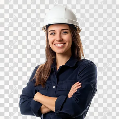 photo of a construction woman with a navy blue shirt and white helmet, a smile on her face, a confident posture arms crossed white background studio photo