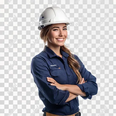 photo of a construction woman with a navy blue shirt and white helmet, a smile on her face, a confident posture arms crossed white background studio photo