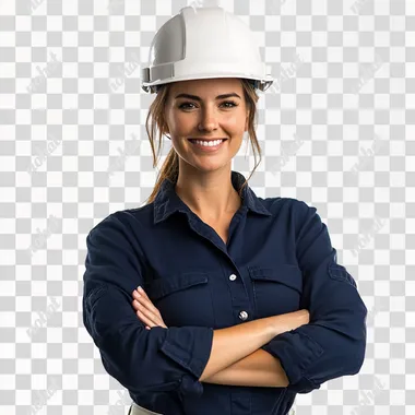 photo of a construction woman with a navy blue shirt and white helmet, a smile on her face, a confident posture arms crossed white background studio photo