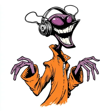 Cartoon clip art depicting an alien with headphones and an orange jumpsuit The alien has purple eyes and is grinning widely, showing its teeth. The background should be white, in the style of Peter Bagge
