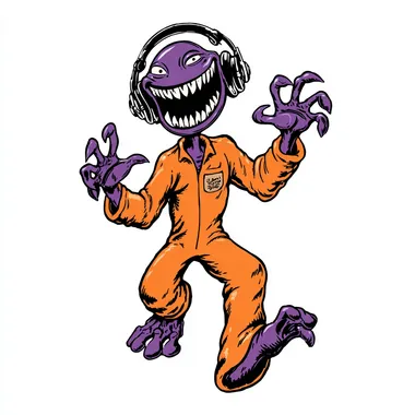 Cartoon clip art depicting an alien with headphones and an orange jumpsuit The alien has purple eyes and is grinning widely, showing its teeth. The background should be white, in the style of Peter Bagge