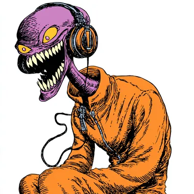 Cartoon clip art depicting an alien with headphones and an orange jumpsuit The alien has purple eyes and is grinning widely, showing its teeth. The background should be white, in the style of Peter Bagge