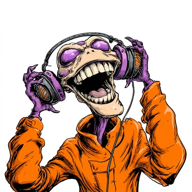 Cartoon clip art depicting an alien with headphones and an orange jumpsuit The alien has purple eyes and is grinning widely, showing its teeth. The background should be white, in the style of Peter Bagge