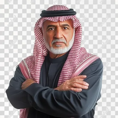 medium shot for senior saudi man confident crossing arm on white background