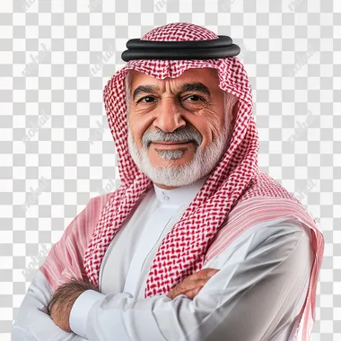 medium shot for senior saudi man confident crossing arm on white background