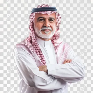 medium shot for senior saudi man confident crossing arm on white background