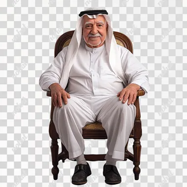 happy senior saudi man sitting on chair, full length, isolated, front view