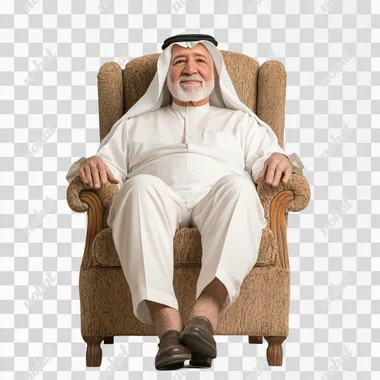 happy senior saudi man sitting on chair, full length, isolated, front view