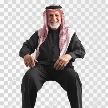 happy senior saudi man sitting on chair, full length, isolated, front view