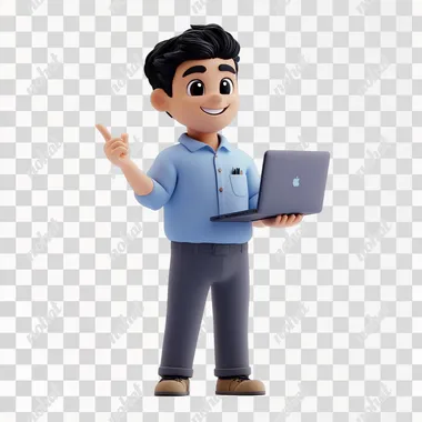 3d character wearing a light blue bolo shirt and dark gray pants this protecting a laptop and pointing to the side with his hand, dark hair with a smile on his face white background